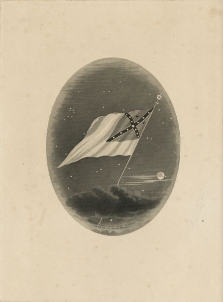 An etching of the Confederate States of America flag ascending through a cloud into a starry and moonlit night with an inscription that reads: "The warrior's banner takes its flight to greet the warrior's soul."