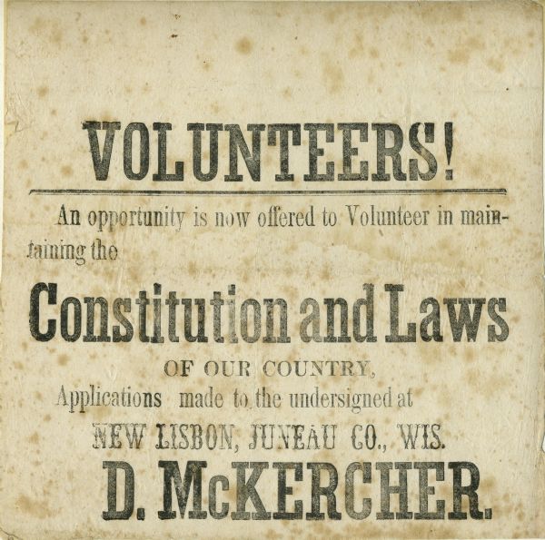 Civil War recruitment poster for the Union Volunteers.