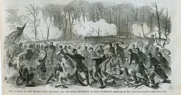 Engraved Illustration for the story titled: "The Fight at Fort Donelson". The illustration shows the Second Iowa Volunteers regiment attacking Confederate batteries at Fort Donelson.