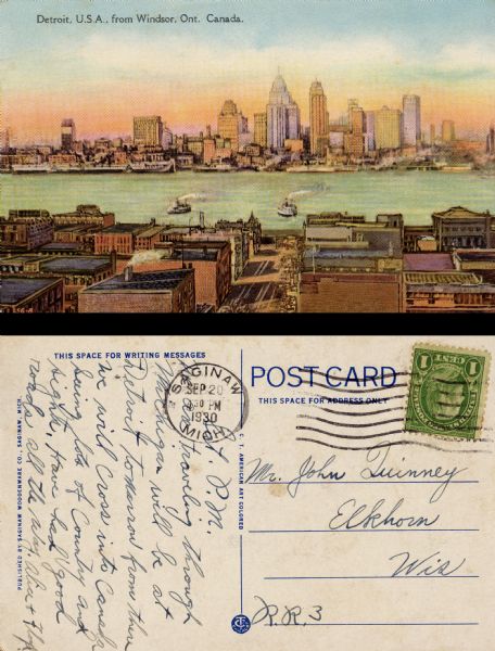 The front and back of a postcard featuring a drawing of the Detroit skyline as seen from Windsor, Ontario that was sent by Alice and Floyd Quinney during their honeymoon to John Quinney.  Published by Saginaw Woodenware Co.