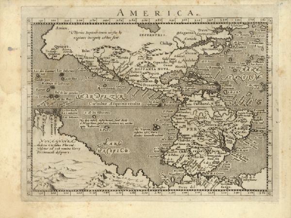 Map of America. This is the oldest map in the Parker collection. It is based on the geography of Ortelius, who is considered to be the creator of the first modern atlas and the first to propose a theory of continental drift. Printed in Venice.