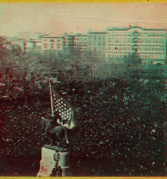 Elevated stereograph view of the Great Union Meeting at the New York City Union Square.