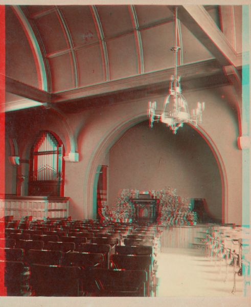 Stereograph of the interior of the First Unitarian Church, which stood on Wisconsin Avenue near the Post Office.