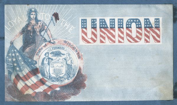Miss Columbia stands on the left, she holds the Wisconsin state seal in her left hand and a Union flag in her right. A liberty cap on a pole leans on the state seal. "LOYAL TO THE" appears in white letters behind her, on the right is the word "UNION" in a white box. The top half of "UNION" is blue with white stars, and the bottom is diagonal red and white stripes. The background is covered with thin blue horizontal lines. Red and blue ink on white envelope, image covers entire front.
Image printed on envelope, mounted on various colored pages and collected in an album.