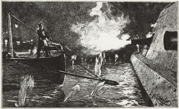 Sinking of the "Albemarle." Lieut. Cushing (?) torpedoing the ALBEMARLE.
