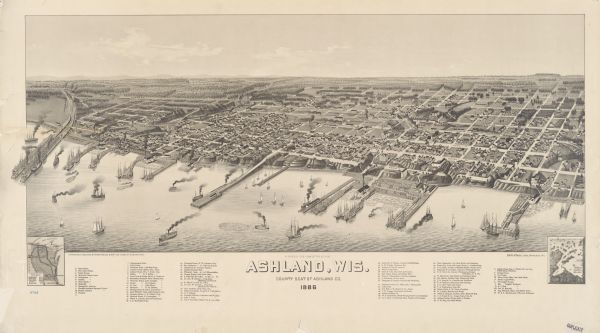 Bird's-eye view of Ashland, on the shores of Lake Superior, with insets of The Apostle Islands Chequamagon Bay & Ashland, and Distances from Ashland.