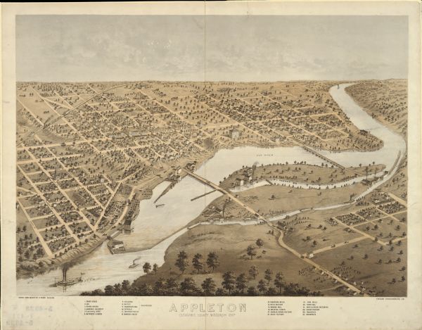 Birds-eye drawing of Appleton, Outagamie Co., depicting street names and street layout, houses, the Fox River, the court house, jail, school houses, Lawrence University, depot, flouring mills, rake factory, woolen mill, machine shops, hubb and spoke factory, stave factory, saw mills, paper mill, sash and door factory, chair factory, tanneries, breweries, specific denominational churches (Methodist, Episcopal, Baptist, Congregational, and Catholic) and the Johnson House and Waverly House.