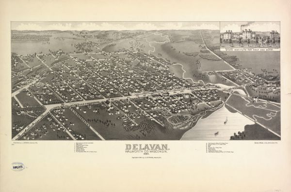 Bird's-eye map of Delavan with inset of the State Institute for Deaf and Dumb.
