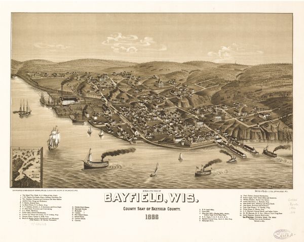 Bird's-eye view of Bayfield, county seat of Bayfield County. On the lower left side is an inset for Bayfield and the Apostle Islands.