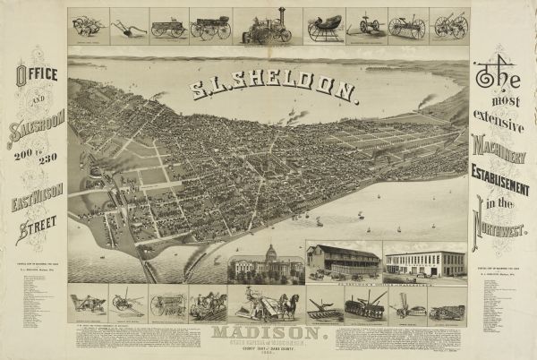 Bird's-eye map of Madison, State Capital of Wisconsin, County Seat of Dane County, with inset of the Wisconsin State Capitol.