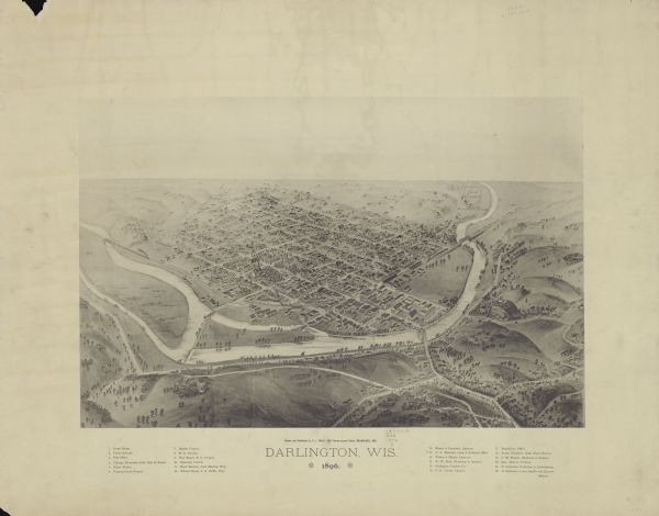 Bird's-eye map of Darlington. Area bordered by Washington and North Streets, upper left hand corner, the fairgrounds, upper right corner, River Street, bottom left corner, and Galena and Hill Streets, at bottom right corner. Two rivers from left converge at center, with five bridges.