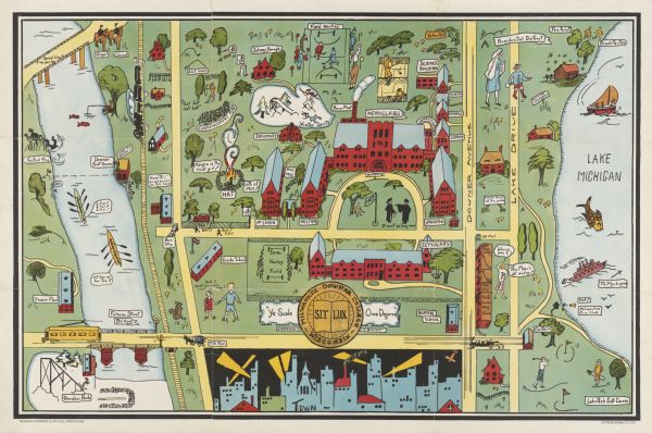 Color map, hand-drawn with comic figures engaged in various activities throughout map. Bordered by the river on the left and Lake Michigan on the right, includes buildings labeled Science, Museum, Kimberly, Library, Johnson, Seminary, Normal school, Grade School, Merrill, McLaren, Holton, Infirmary, and Johny Young's. Includes a steam train on left, a horse-drawn milk wagon, speedster automobile, and an airplane.