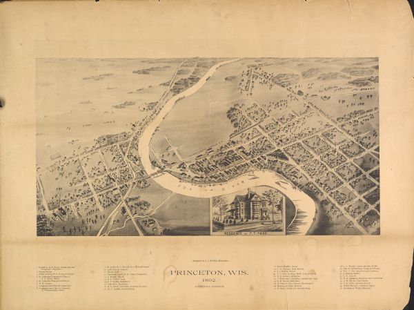 Bird's-eye map of Princeton, with an inset of the Residence of F.T. Yahr. Fox River loops to left of center, with one bridge; thirty-six businesses, residences and civic buildings are identified in the location key.