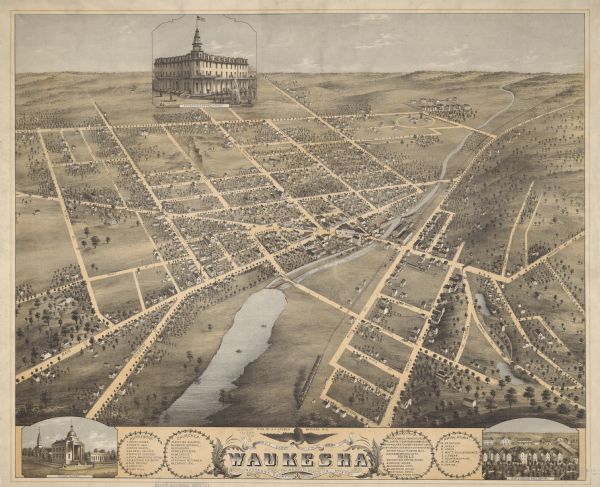Bird's-eye view of Waukesha, looking southwest, with insets of State Industrial School, Court House, and Fountain Spring House.