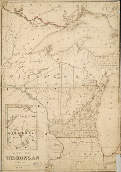 Map of Wisconsin including Lakes Michigan and Superior. Inset includes "N.W. Part of Wiskonsan."