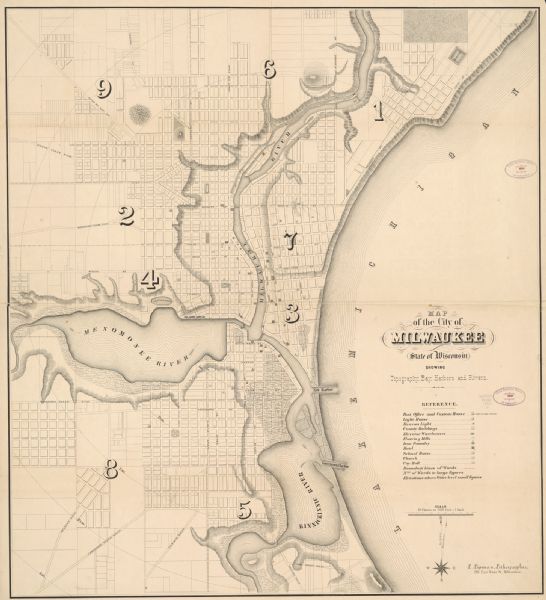 Map of Milwaukee Drawn the second year of the Civil War, this 1862 map of Milwaukee shows post offices, light houses, beacon lights, county buildings, elevator warehouses, flouring mills, iron foundries, hotels, school houses, churches, boundary lines of wards, city hall, the Menominee River and the Milwaukee River.
