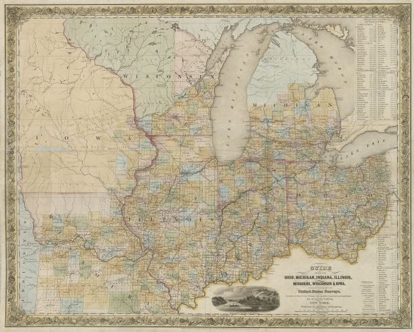 Shows locations of cities, towns, villages, post hamlets, canals, rail and stage roads. Includes table of steamboat routes and distances; vignette of "Maiden's Rock, Lake Pepin, on the Mississipi."

Removed from The Western Tourist and Emigrant's Guide by J. Calvin Smith. New York, J.H. Colton.