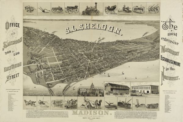 Bird's-Eye View of Madison Bird's-eye map of Madison, State Capital of Wisconsin, County Seat of Dane County, with inset of the Wisconsin State Capitol.