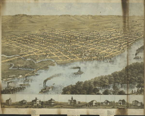 Bird's-Eye View of Chilton, Wisconsin Bird's-eye map of Chilton with insets of points of interest, including P.H. Becker's Brewery, Chilton House, and Gutheil's Block.