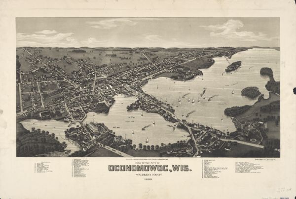 Bird's-Eye View of the City of Oconomowoc, Wis. Waukesha County Bird's-eye map of Oconomowoc.