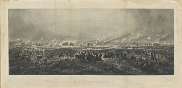An engraving after the painting by James Walker of the Battle of Gettysburg.