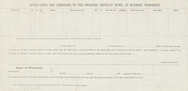Application to admit a child to the Soldiers' Orphans' Home, at Madison, Wisconsin, who had lost their father in the Civil War.