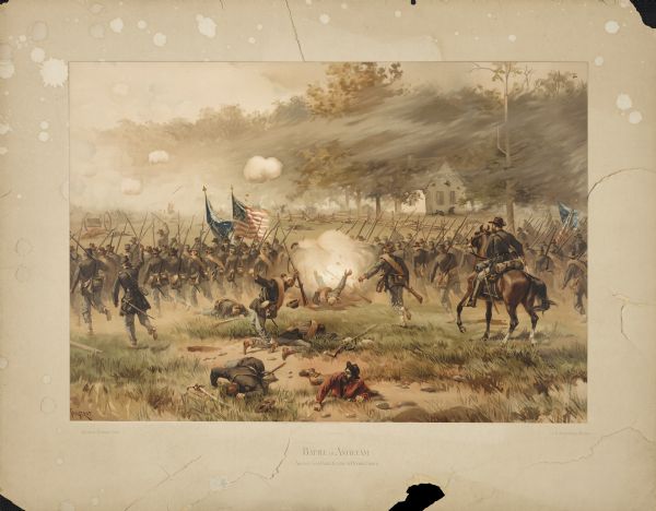Color lithograph of Union lines in the midst of battle.