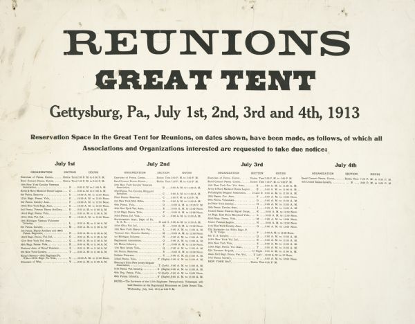 A broadside listing regimental functions at the Gettysburg reunion of Union veterans held at Gettysburg, Pennsylvania, July 1st, 2nd, 3rd, 4th, 1913.