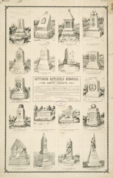 An advertisement by the Smith Granite Company showing illustrations of various Gettysburg Battleground Memorials.