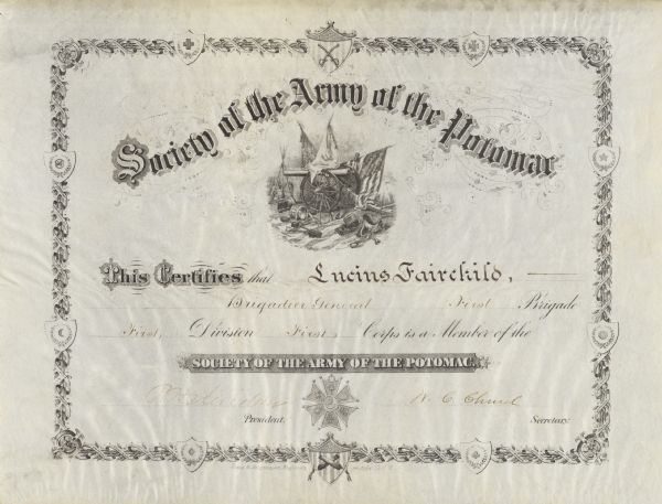 A certificate admitting Lucius Fairchild into the Society of the Army of the Potomac.