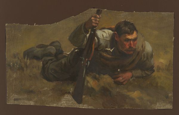 Oil painting of a Confederate Civil War soldier on the ground holding a rifle, created as a preliminary study for the Cyclorama of the Battle of Gettysburg, painted by a group of German painters known as the American Panorama Company, led by William Wehner.