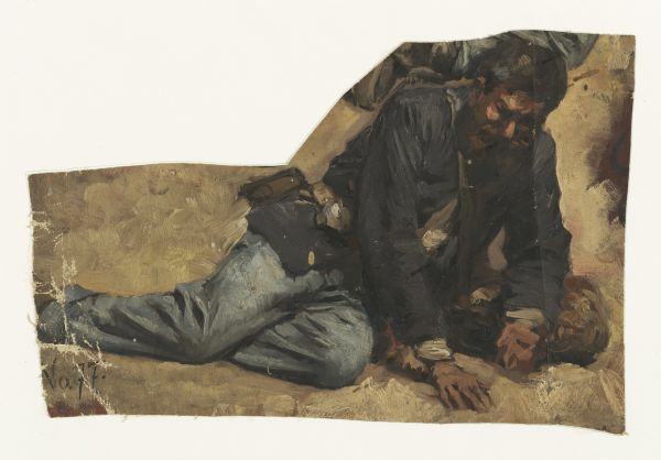 Oil on linen study of a wounded Union Civil War soldier partially reclining on the ground created by one of the German panorama painters active in Milwaukee during the 1880s.  Although unsigned it was likely painted by F.W. Heine.  Once thought to represent a scene from a Gettysburg cyclorama, Heine's diaries suggest it was intended for a cyclorama of the Atlanta or Missionary Ridge battles. The text,"No. 77" appears in the lower left corner.