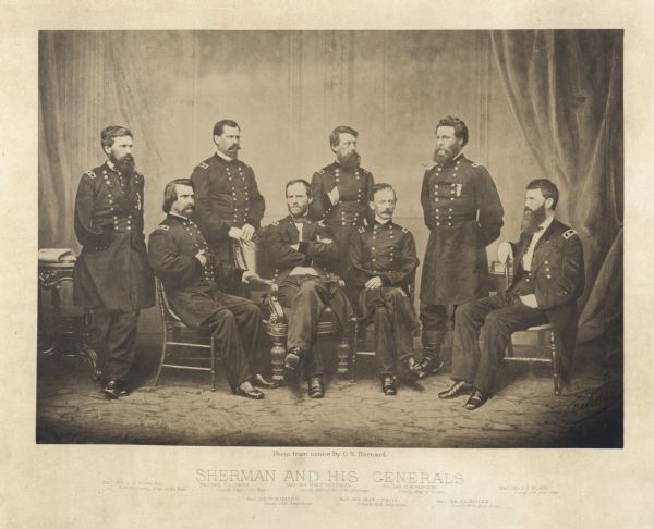 Group portrait of Sherman and his generals taken shortly after the Civil War in Mathew Brady's studio. From left to right: Maj. Gen. O.O. Howard, Maj. Gen. J.A. Logan, Maj. Gen. W.B. Hazen, Maj. Gen. Wm. T. Sherman, Maj. Gen. Jeff. C. Davis, Maj. Gen. H.W. Slocum, Maj. Gen. J.A. Mower, Maj. Gen. F.P. Blair.<br>Plate 01</br>