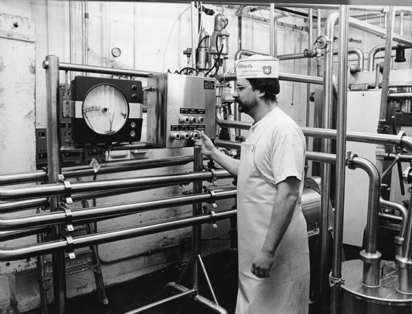 The milk is pasteurized for the first step in the cheesemaking process. Milk is heated to 161 degrees, held at that temperature for 15 seconds, and then cooled down again.