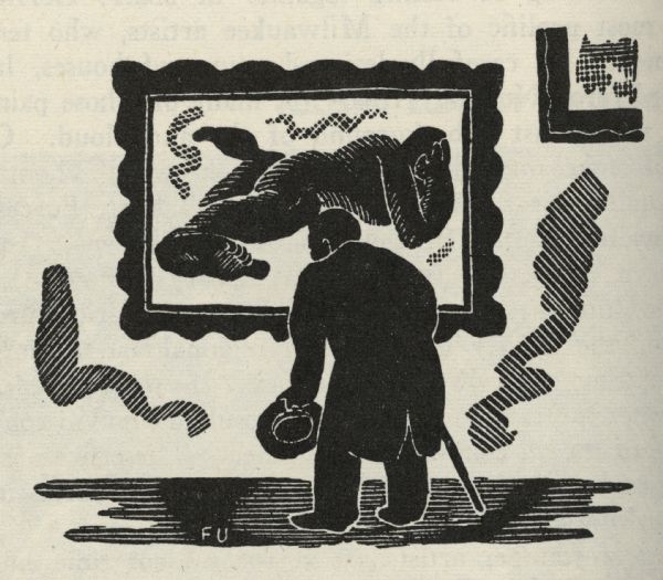 Woodcut illustration of a man viewing artwork on a wall. He is somewhat stooped over and is holding a hat and cane in his hands.