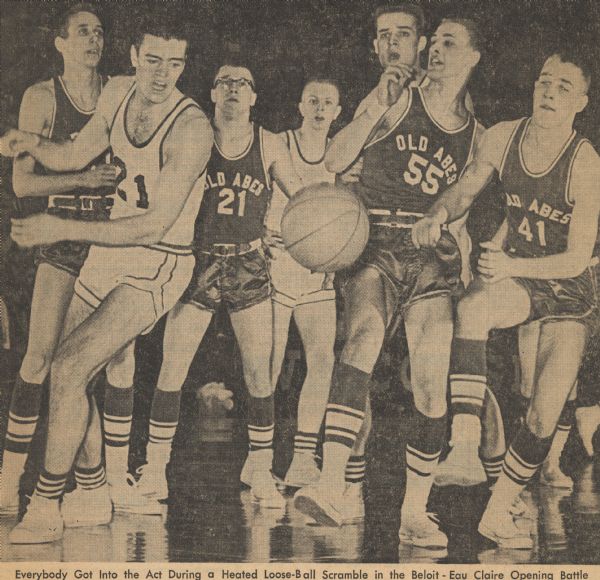 Newspaper clipping of the Eau Claire, Wisconsin high school basketball team in action against the Beloit high school team in statewide tournament play.<p>The team chose the name "Old Abes" in connection with the famous eagle's origin near Eau Claire, Wisconsin.</p>