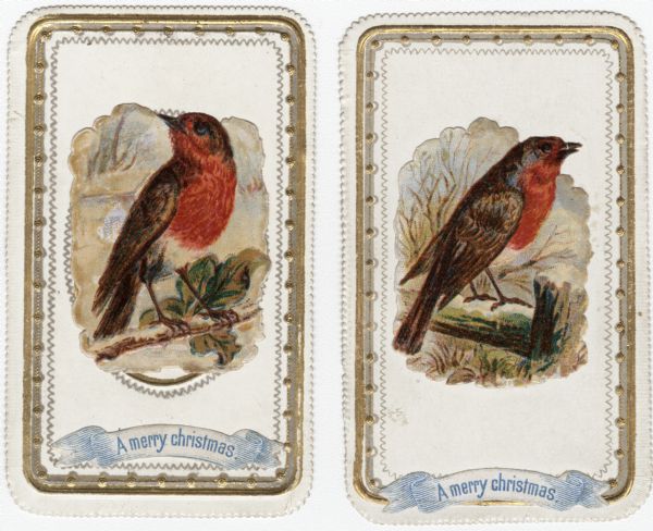Two holiday cards with European Robins. Robins are a symbol of Christmas in Great Britain. Caption reads: "A merry christmas." Chromolithograph. Images and greetings are embossed and glued to cards.