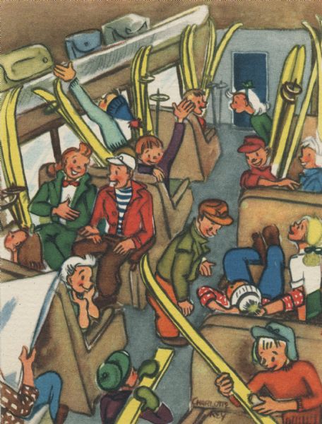 Holiday card of a trainload of skiers with their skis on their way to the slopes.
