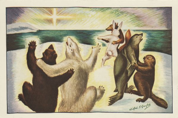 Holiday card with three couples of animals dancing; two bears, a seal and a beaver, a fox and a rabbit. They are on a snowbank overlooking the sea with the Christmas star in the sky. On the back of the card is the note, "Sold for the benefit of the children of Labrador through Sir Wilfred Grenfell's Medical and Social Service Network."