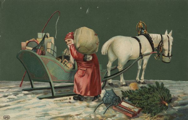 Holiday postcard of Santa Claus loading his sleigh. A single white horse is hitched to the sleigh and is eating out of a nosebag. There is a gold bell on the collar of his harness. Santa is wearing his traditional red suit. Gifts, fruit and musical instruments are in the sleigh. A toy wagon, a xylophone and a pine tree remain on the snow-covered ground. Chromolithograph. Image is embossed.