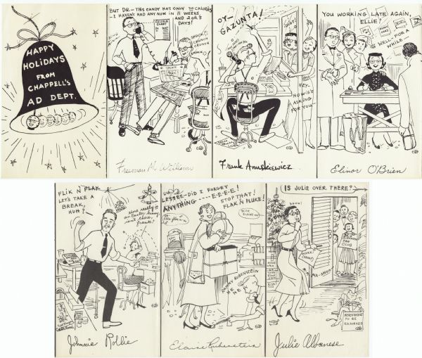 Holiday card from Chappell's Ad Dept. The card has seven consecutive panels accordion folded. The front panel shows a bell hanging by a ribbon surrounded by stars. The clappers show faces of employees. Each inside panel depicts a different work area with the autographs of employees. Offset lithography in black ink. The image has been separated into two portions to make it easier to view.