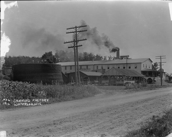 View across road towards a canning factory. A group of workers are standing at the top of a round structure, and a conveyor belt coming out of a shed leads up to the workers. An open shed near the road is piled with stacked crates and barrels. Two men stand on the loading dock of the main building. Another man sits in the open second-story corner window.