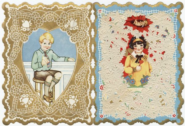 Valentine's Day card made from a kit. The front and back are both shown. The front has a girl in a yellow dress holding a heart, surrounded by hearts and flowers. Paper lace was added and a paper ornament of a cherub on a flower is glued above. The back has a boy, dressed in brown shorts, green shirt and socks and a striped tie. He is sitting on a stool at a counter eating a sandwich. Similar to the "Whitney Made" Valentine kits. Offset lithography with die cut paper lace and small die cut paper ornaments.