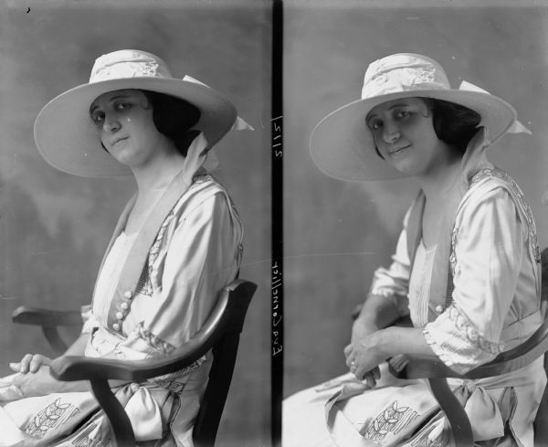 Two studio portraits (side by side on one photographic plate) of Eva Cornellier, seated, from the waist-up, wearing a white dress with embroidery, and a white broad-brimmed hat