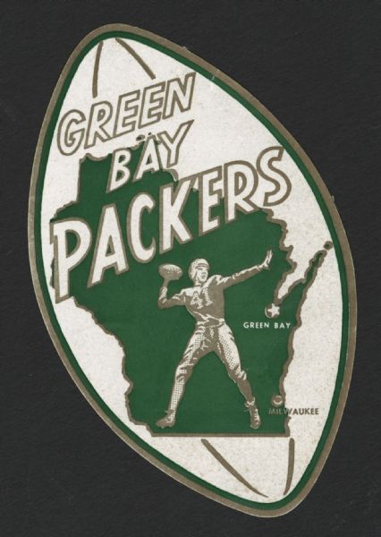 An football shaped sticker with the words "Green Bay Packers" over a map of Wisconsin, with Green Bay and Milwaukee identified. There is also an image of a football player holding a football mid-throw wearing a #41 jersey.