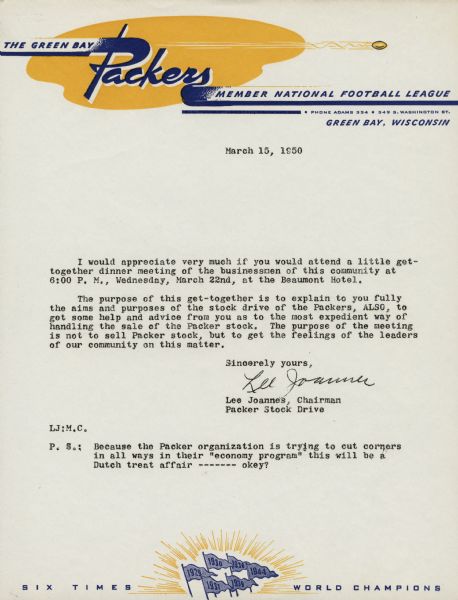 Green Bay Packers letterhead dated March 15th. The content of the letter is about organizing a meeting to talk about and explain that year's Green Bay Packers stock drive and is sent from Lee Joannes.