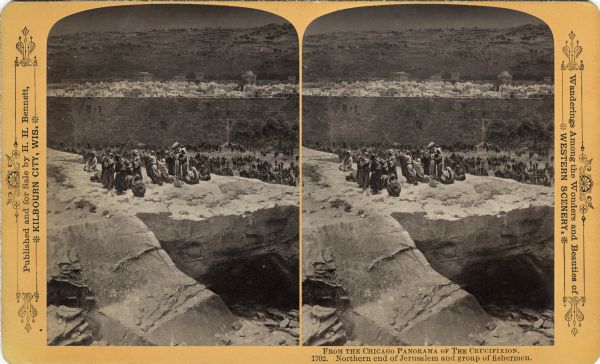 A group of men in robes standing on a rock are facing to the left, perhaps in prayer. Behind and below them is a crowd gathered in front of a high stone wall surrounding Jerusalem. Text at right: "Wanderings Among the Wonders and Beauties of Western Scenery."