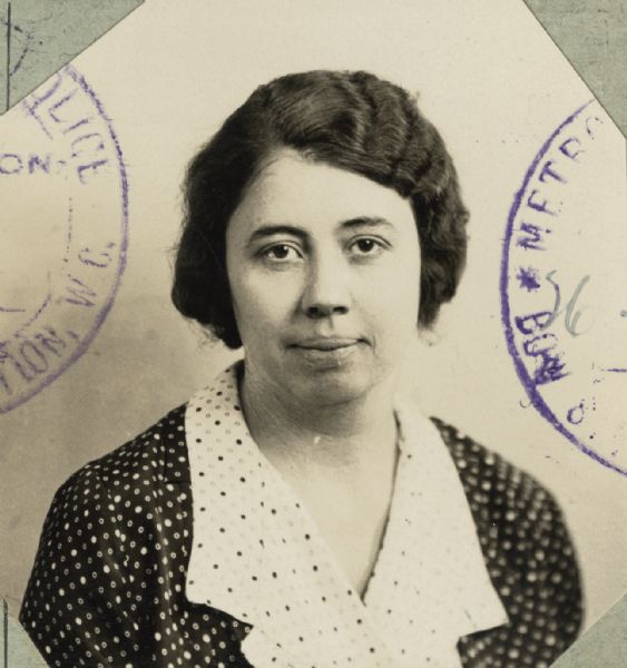 Anna Mae Davis, a Madison attorney, economist, and perennial candidate for attorney general on the Wisconsin Socialist Party ticket. This portrait is from her 1932 passport which Mrs. Davis obtained for a research trip to England.