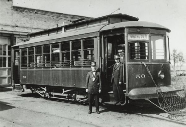 Streetcar and crew of the Madison City Railways Company. The streetcar number is #50 and the route sign says Wingra Park.