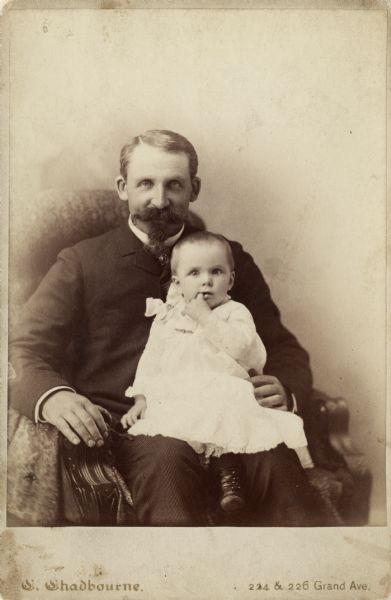 Cabinet card of Hilda Johnston (1883-1974), age one year, and her father, John Johnston (1836-1904), a successful Milwaukee banker.

